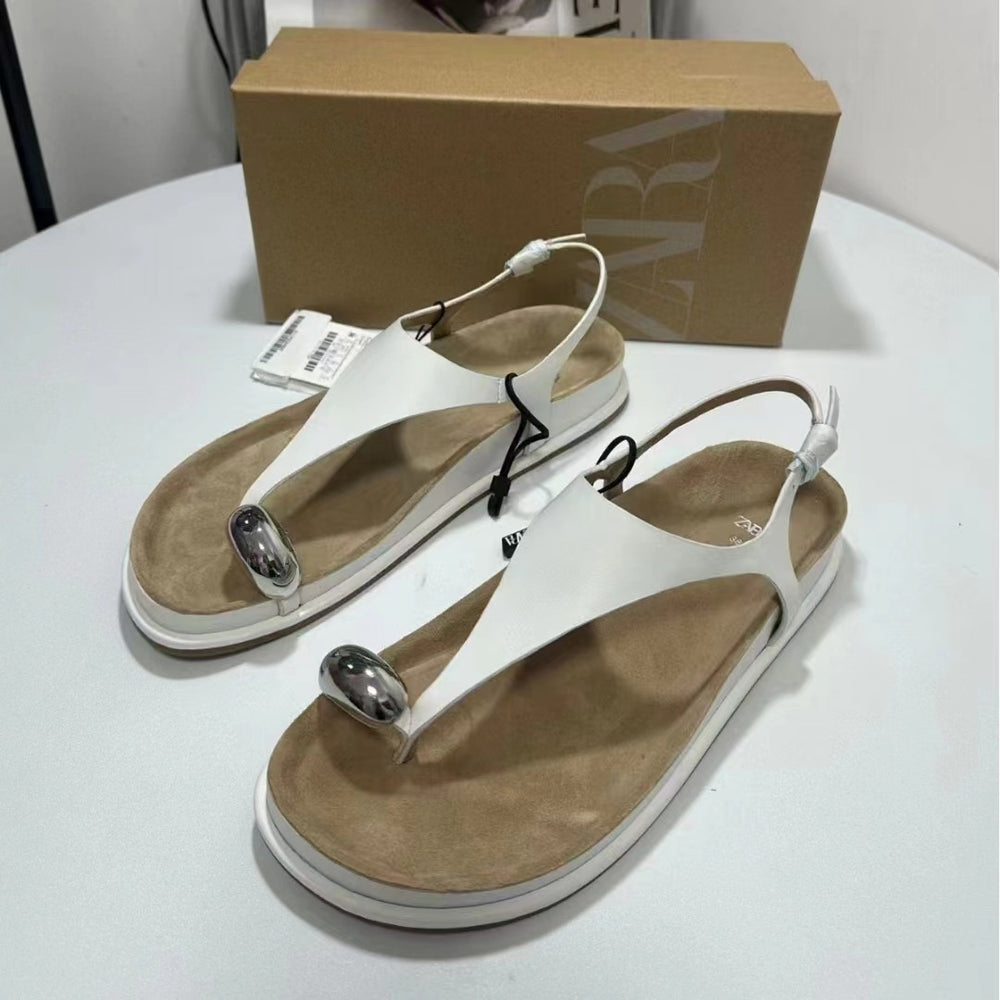Za new 2024 european and american thick-soled round-toe structured sole angled metal buckle embellished versatile casual sandals for women