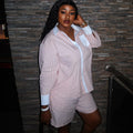 European and american cross-border women's fashion:  autumn new collection - stylish pink striped long-sleeve shirt and wide-leg shorts set with turn-down collar
