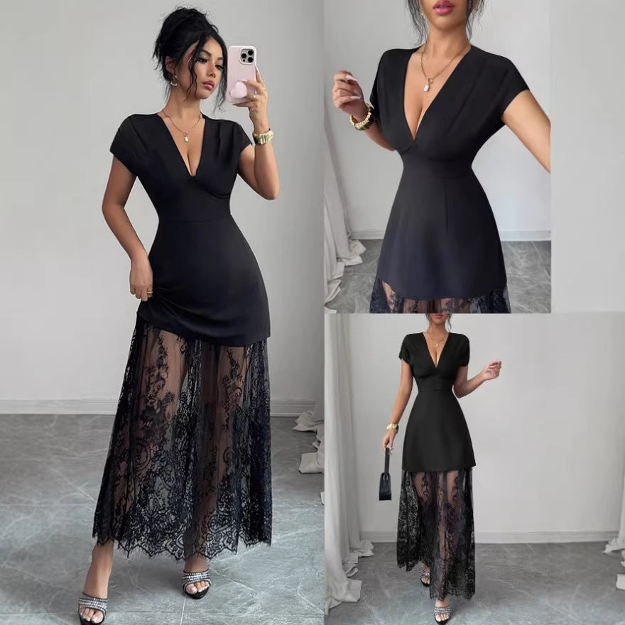 Amazon women's spring/summer new arrivals: elegant v-neck sexy urban lace patchwork short sleeve dress/gown