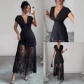 Amazon women's spring/summer new arrivals: elegant v-neck sexy urban lace patchwork short sleeve dress/gown