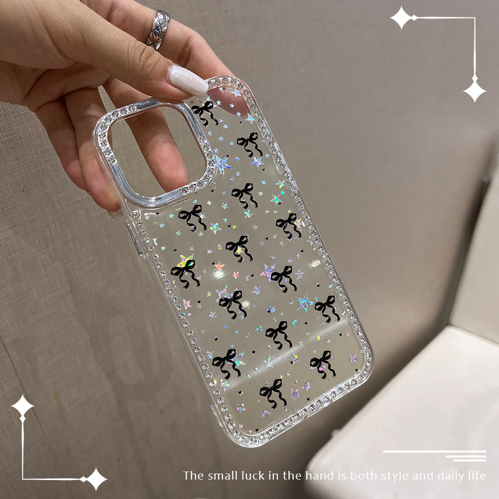 Suitable for iphone17air flash diamond mobile phone case black bow apple 16pro trendy diamond protective case 15
