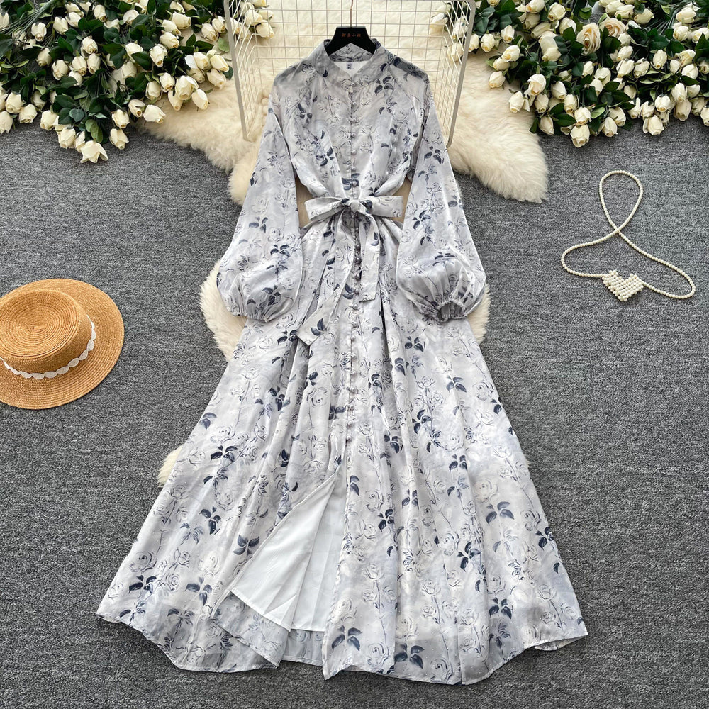 Frenchromantic style lantern sleeve printingdress female k-style waist slimming look a-line long skirt work clothingelegantelegance