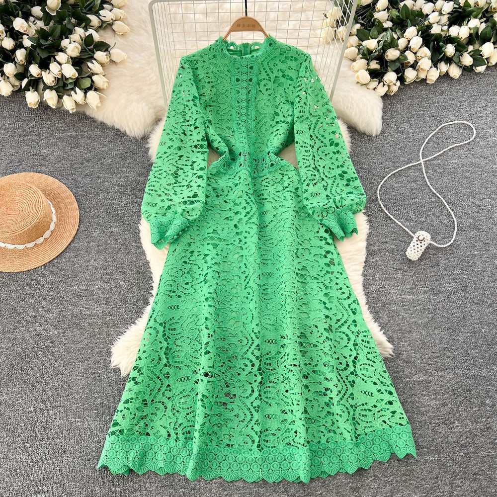 Classyelegancelacedressnew arrivalcut out crochet waist lantern sleeve long sleeves waist dress