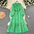 Classyelegancelacedressnew arrivalcut out crochet waist lantern sleeve long sleeves waist dress