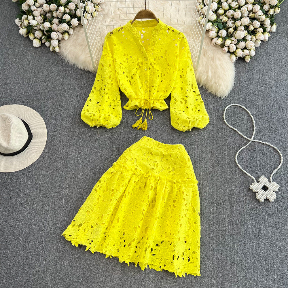 Retroelegantv neckcut outembroidered lantern sleeveshortshirt women's two-piece set high waistslimming looka-line skirt