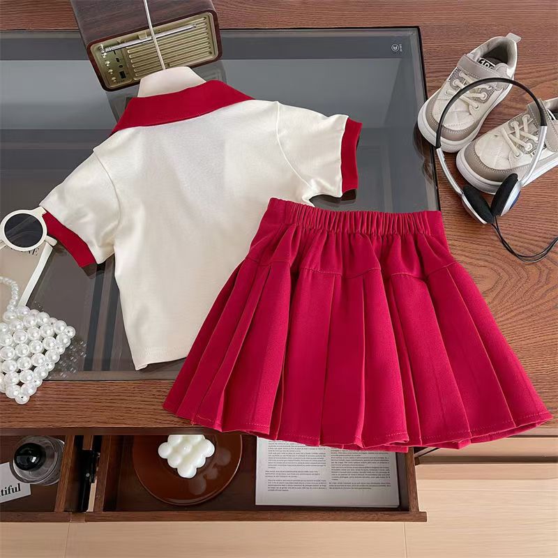 Girls' summer outfit set  new children's short-sleeve t-shirt pleated skirt two-piece set baby girl skort