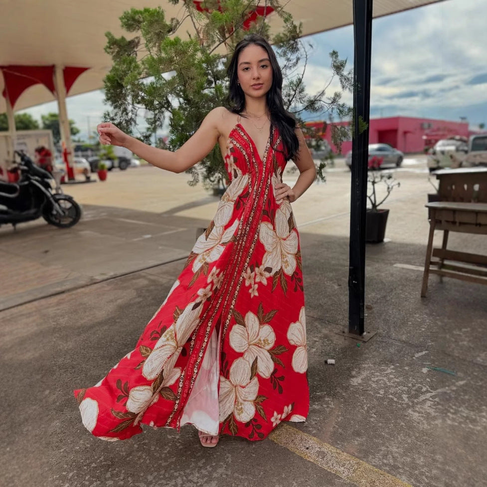 2025 new spring/summer off-the-shoulder v-neck women's camisole printed fairycore long elegant gown maxi dress