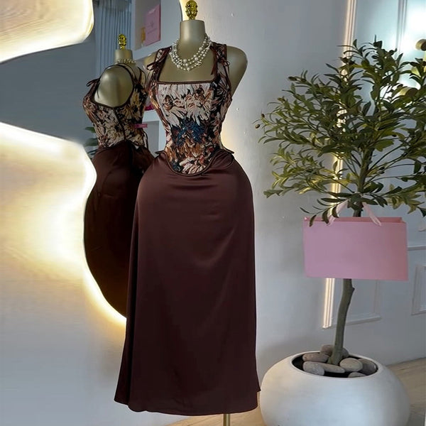 European and American  women's clothing 2025 summer new temperament printed bow vest top high waist skirt set
