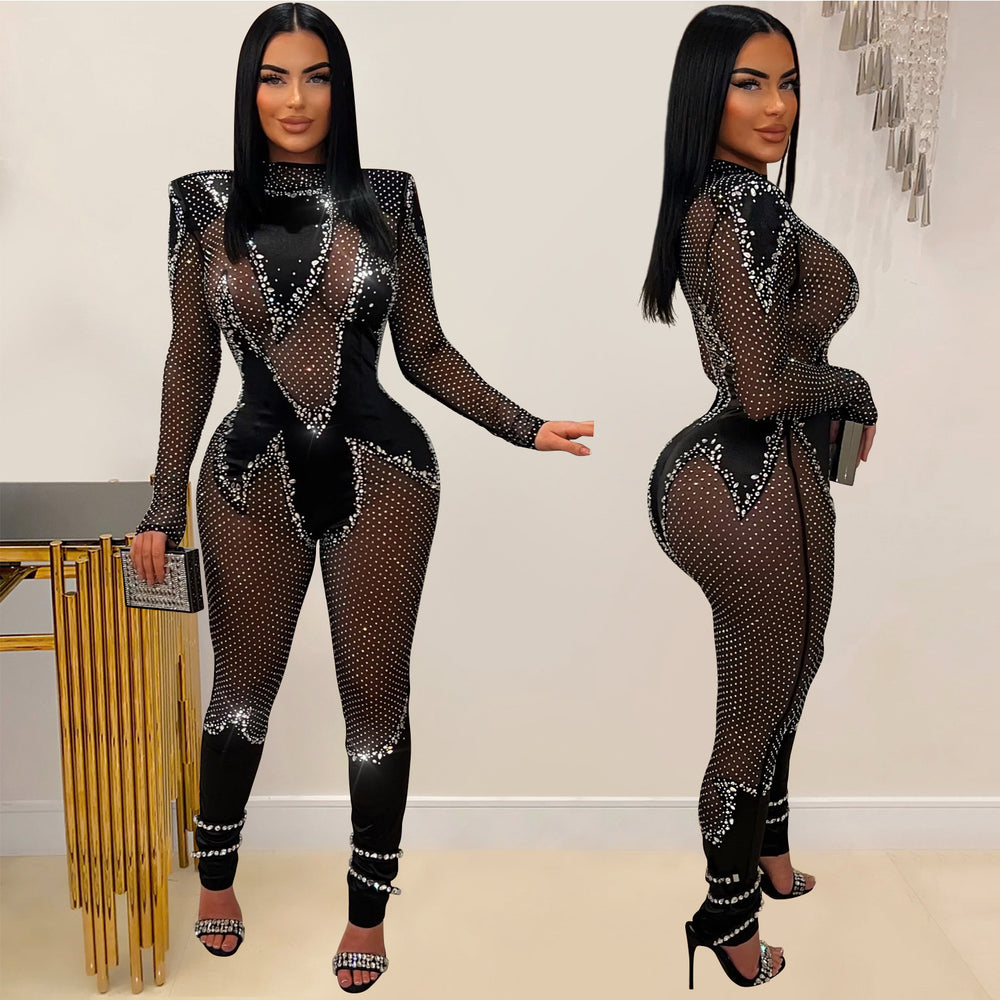 C6886 cross-border   fashion women's solid color mesh rhinestone long sleeve pants jumpsuit