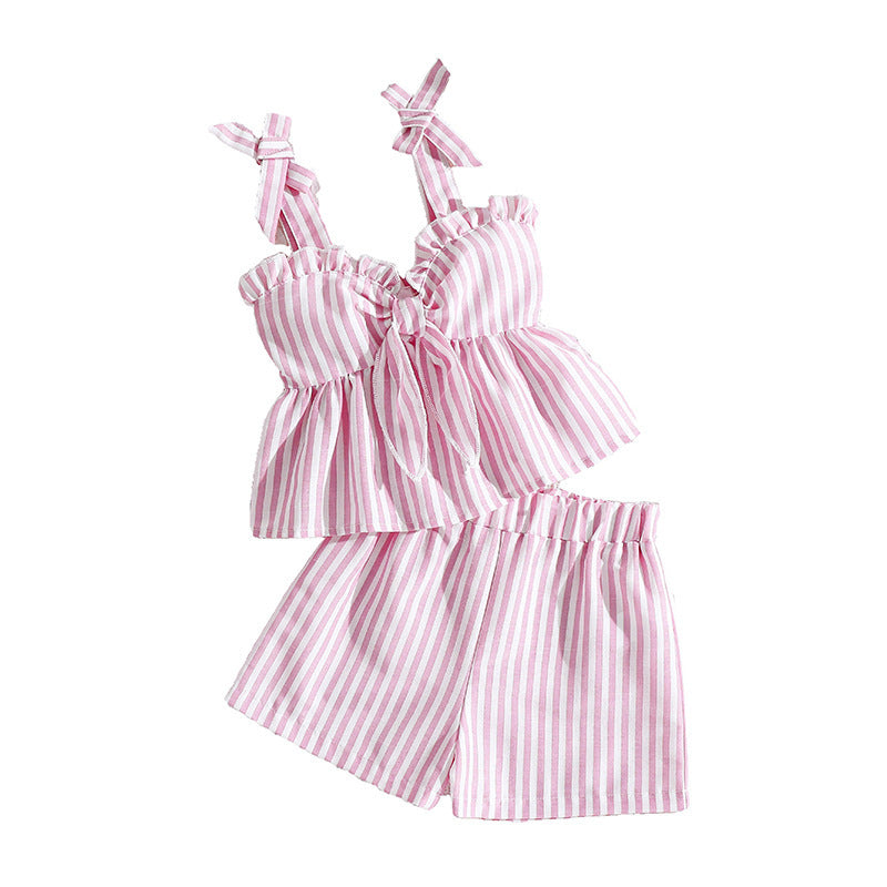 girls' summer outfit: new european and american style, toddler and child suspender top and shorts, fashionable striped two-piece set