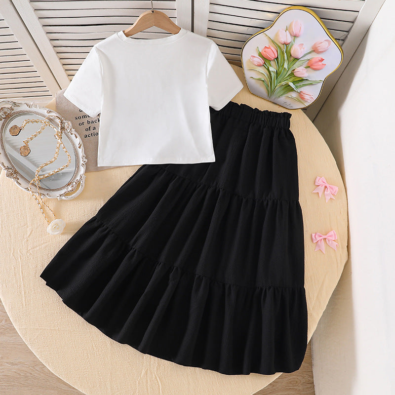 Girls' foreign trade outfit:  spring/summer new collection - cross-border european and american fashion, printed short-sleeve top with bowknot skirt