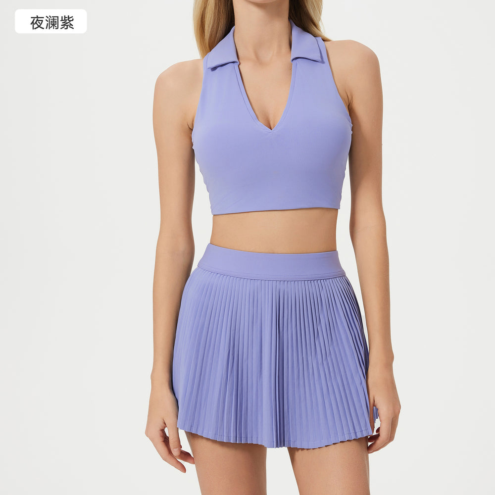 Polo collar sports bra women's quick-dry breathable fitness tennis pleated skirt professional training yoga outfit set