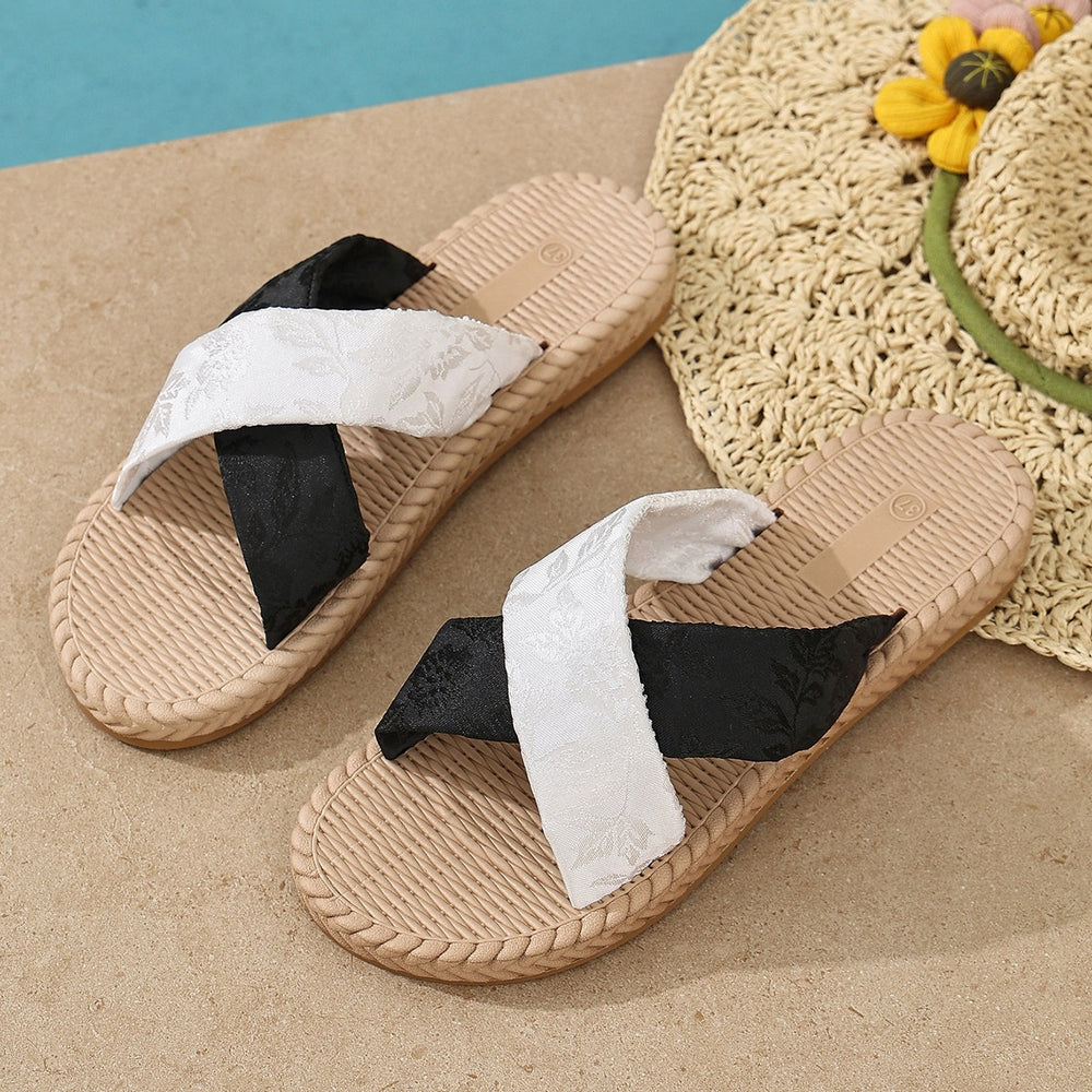 plus size multi-color cross straw sandals women's linen non-slipflats slippers cross-border in stock wholesale