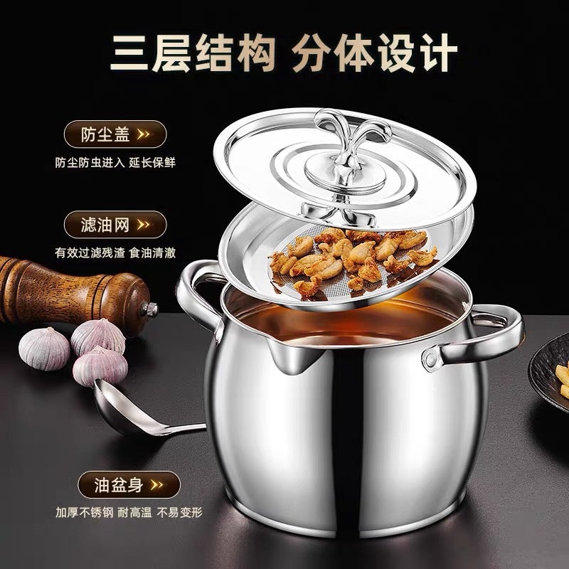 Wholesale stainless steel lard container - large capacity oil storage bucket with lid and filter screen - kitchen lard canister