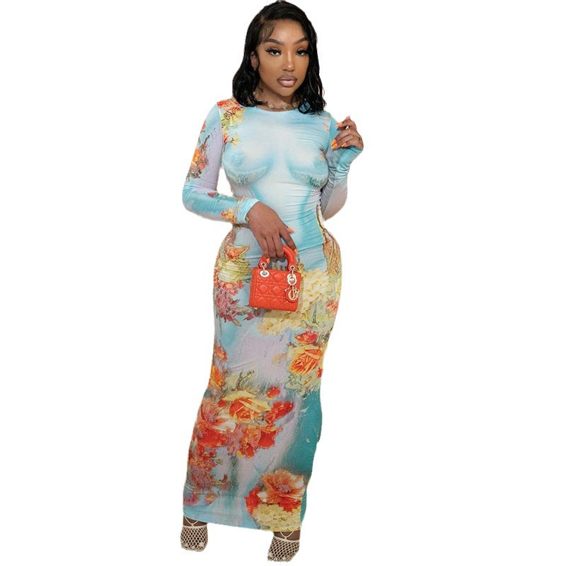 European and American style  fashion printing round neck pullover long sleeve hip wrap long skirt street temperament casual dress women