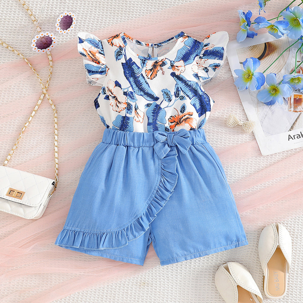 Summer girls' two-piece set: ruffle flutter sleeve printed tank top with cute lace-trimmed blue shorts - sleeveless outfit for kids