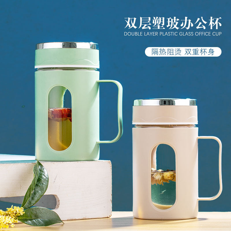 Business handle cup glass office for homecasual drinking water tea cup large capacity drainage floor push gift cup