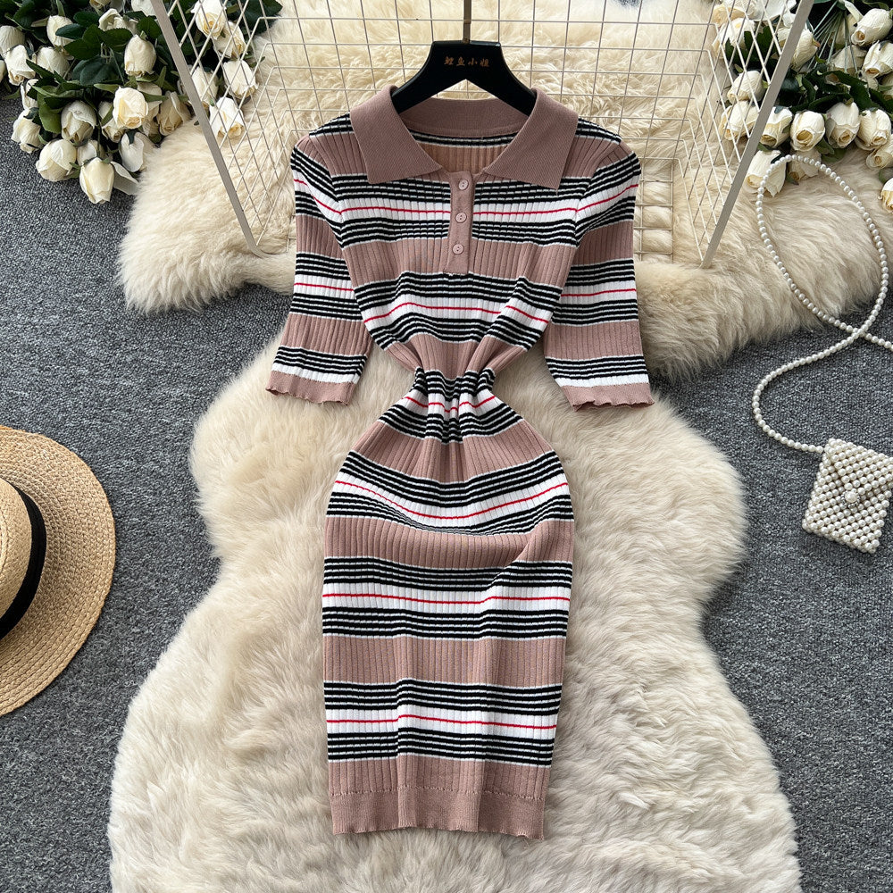 French polo collar striped knit dress - women's summer slim fit, minimalist, figure-flattering, cinched waist, sexy bodycon dress for work