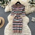French polo collar striped knit dress - women's summer slim fit, minimalist, figure-flattering, cinched waist, sexy bodycon dress for work