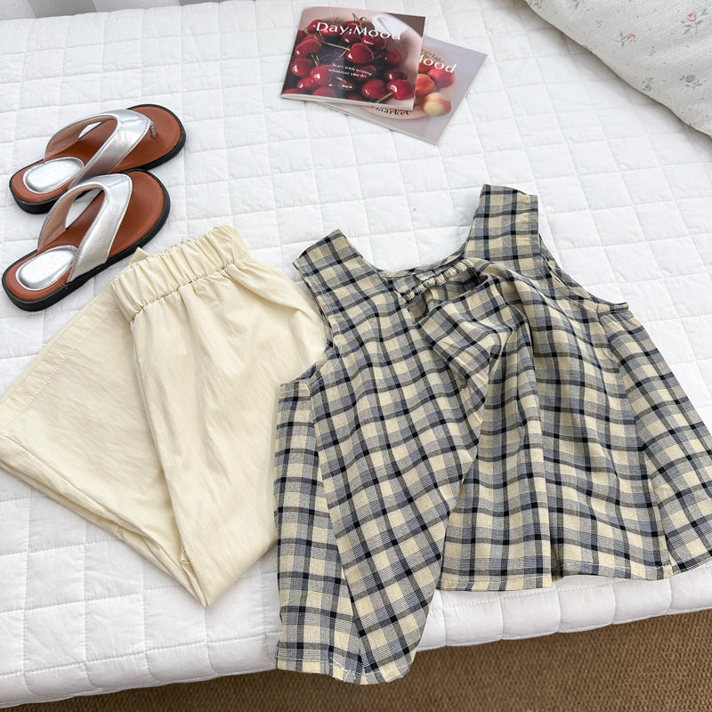 [summer clothing big sale free shipping] girls vest suit  plaid new children's doll summer style tops