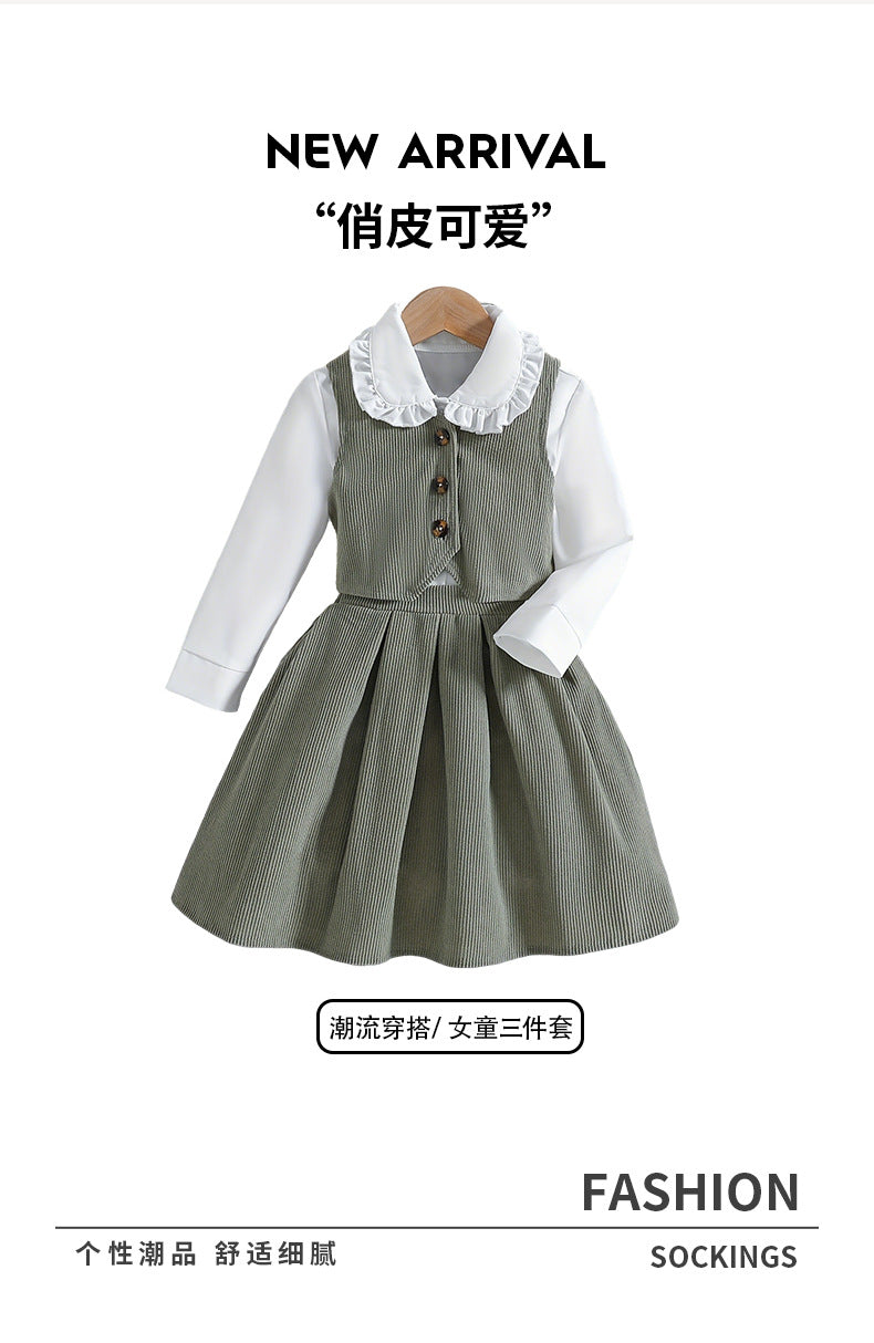 girlsuit doll collar long sleevesshirt light gray corduroy vest skirt kids three-piece suit