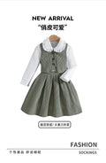 girlsuit doll collar long sleevesshirt light gray corduroy vest skirt kids three-piece suit
