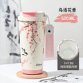Ink style national trend portable thermos cup chinese style double drinking lid coffee cup 316 stainless steel ceramic liner water cup