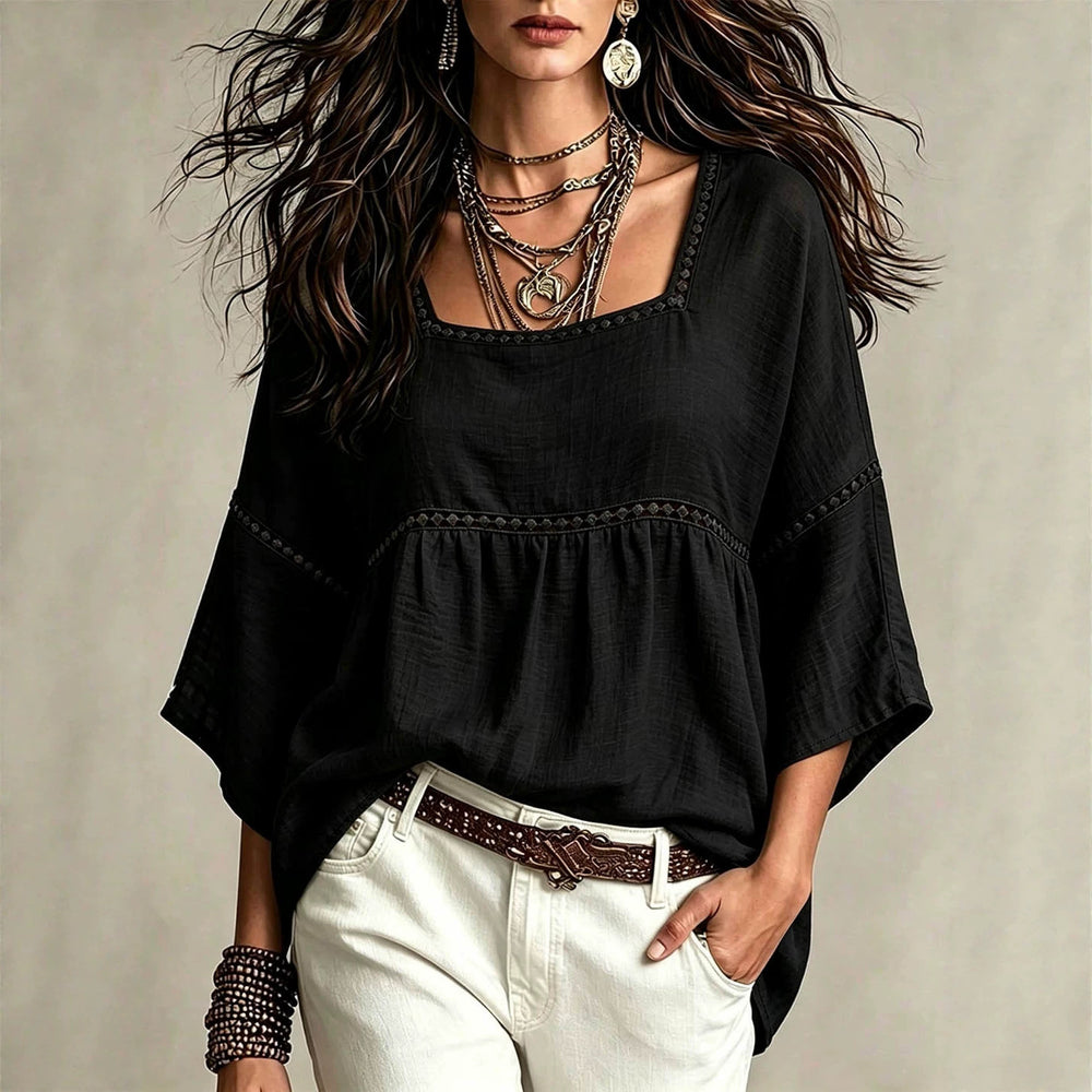 European and american bohemian style plus size women's square neck hollow-out lace trim loose babydoll top with three-quarter sleeves