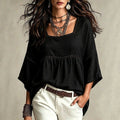 European and american bohemian style plus size women's square neck hollow-out lace trim loose babydoll top with three-quarter sleeves