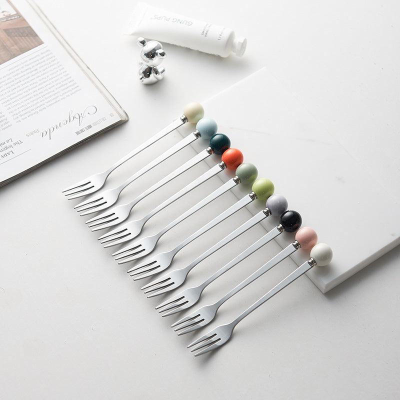 Accessible luxury ceramic ball fruit fork for home stainless steel spoon multi-purpose dessert spoon good-looking glazed pastry fork