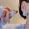 Blue tulip flower stud earrings with pearl accents - women's luxury, high-end, elegant earrings - new 2026 bestseller