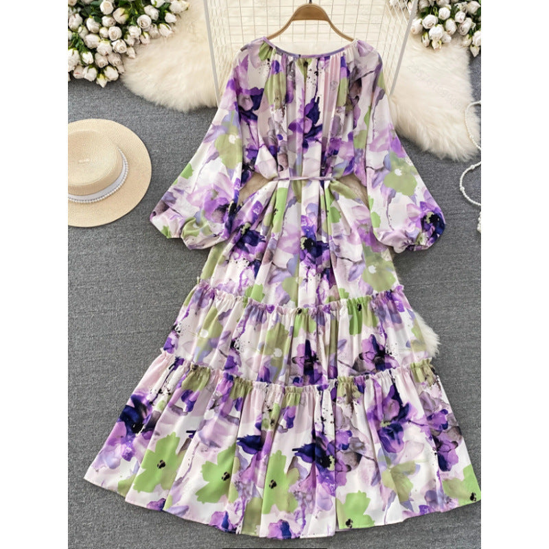 Women's autumn elegant floral print patchwork tiered hem belted lantern sleeve dress