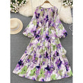 Women's autumn elegant floral print patchwork tiered hem belted lantern sleeve dress