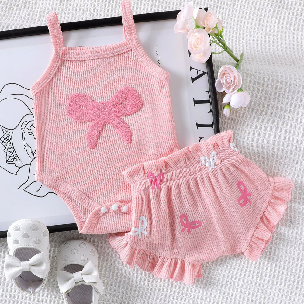 European and american style baby girl's cute suspender romper with bow and pink pants two-piece set