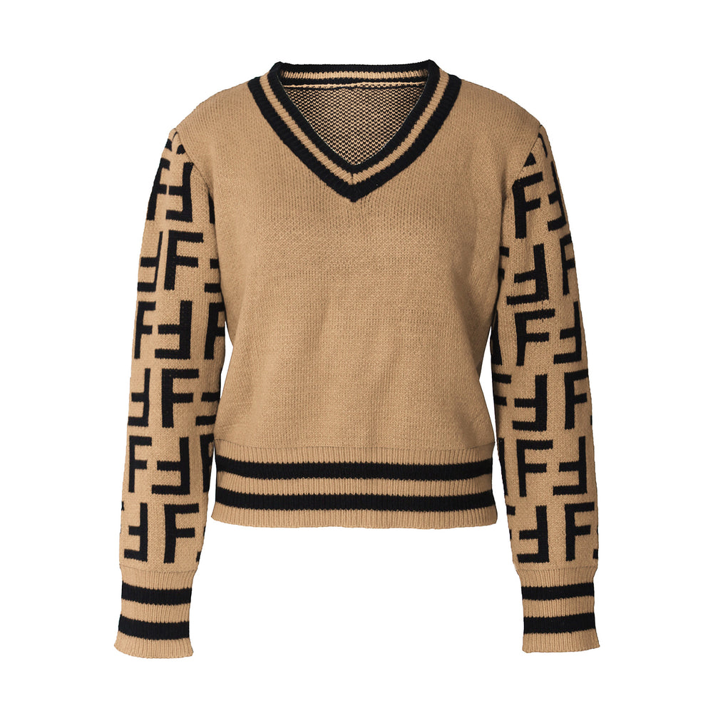 Autumn/winter european and american cross-border   hot-selling women's v-neck fitted pullover knit sweater with f letter detail