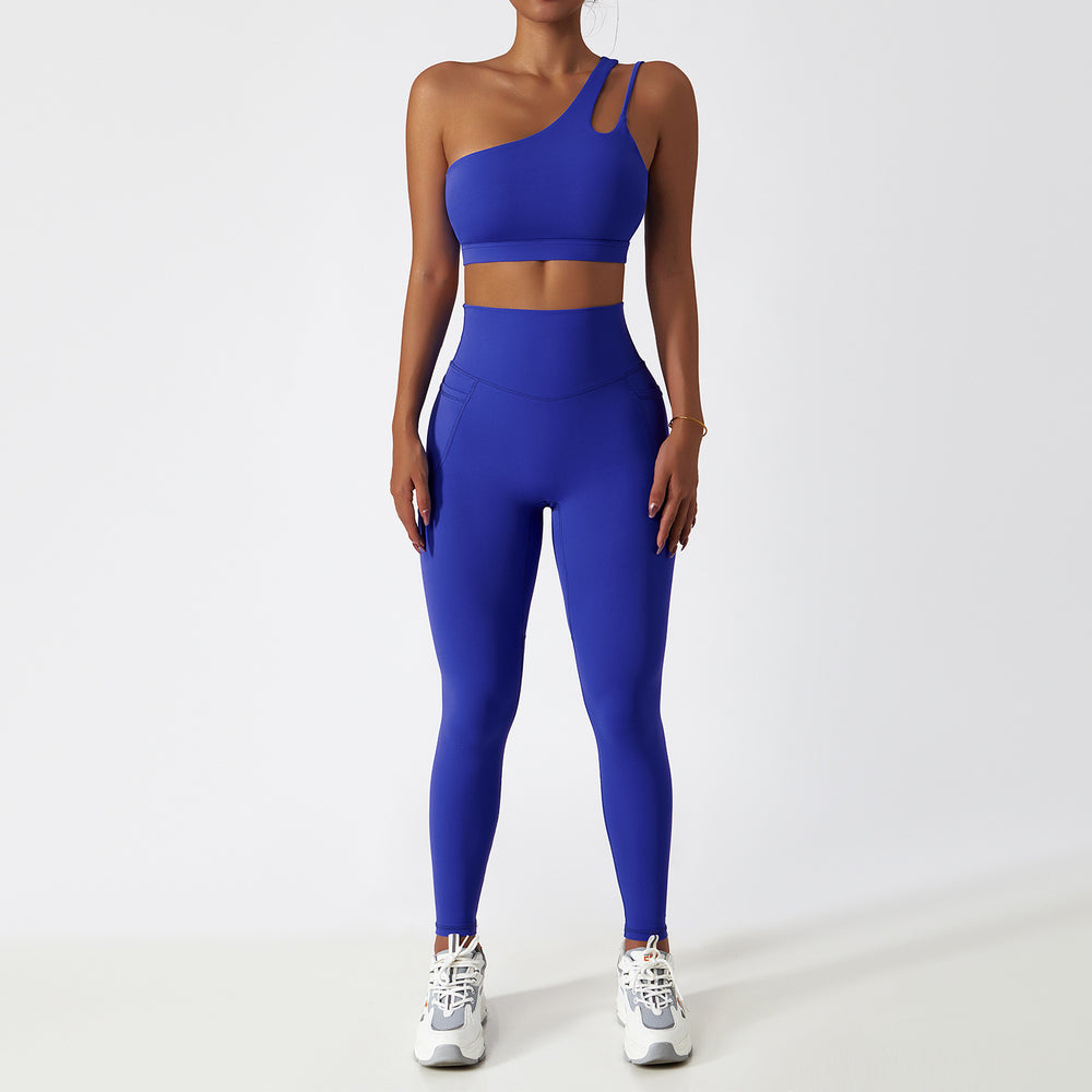 breathable quick-drying tight-fitting yoga clothes flap pocket pants running sports suit diagonal shoulder naked fitness suit6425