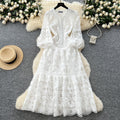 High-end fashion dress women's  spring new french style cinched waist slimming hollow-out crochet lace ruffle hem maxi dress