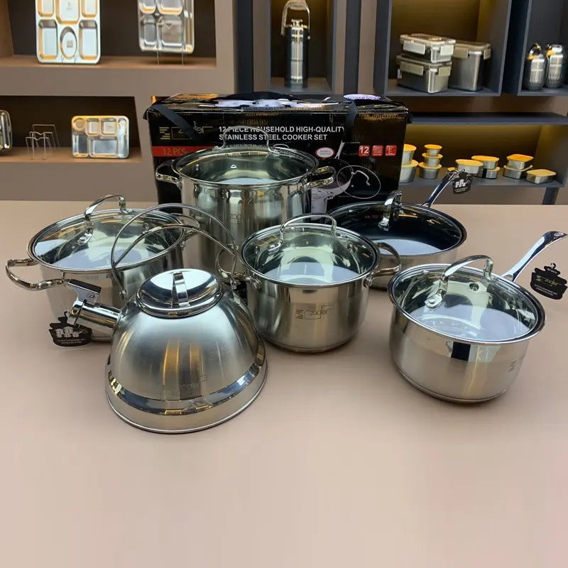 New arrival cross-border stainless steel pot set for home twelve-piece set of multi-bottom frying pan milk soup pot kitchenware manufacturer wholesale