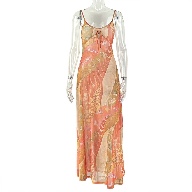 European and american style export print lightweight women's sexy backless bodycon dress with spaghetti straps for casual vacation