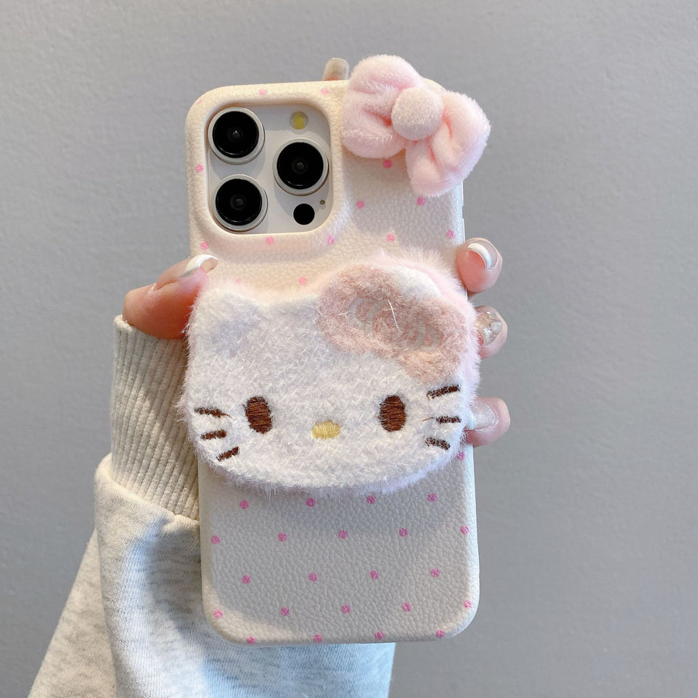 Leather texture apple 16 pro polka dot plush kt phone case iphone 13/15 anti-fall soft shell protective cover