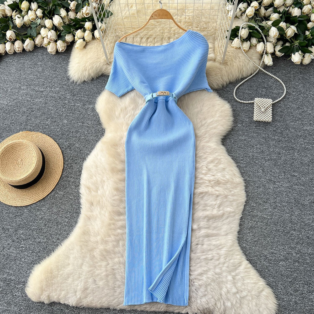 Minimalist asymmetrical neck knit dress - women's autumn slim fit, figure-flattering, slit design, unique and chic, long dress for the modern woman