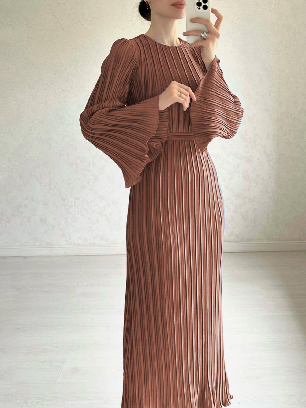 European and american cross-border women's fashion:  autumn hot-selling solid color flared sleeve round neck slim fit elegant dress
