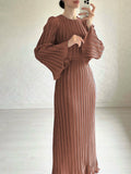 European and american cross-border women's fashion:  autumn hot-selling solid color flared sleeve round neck slim fit elegant dress