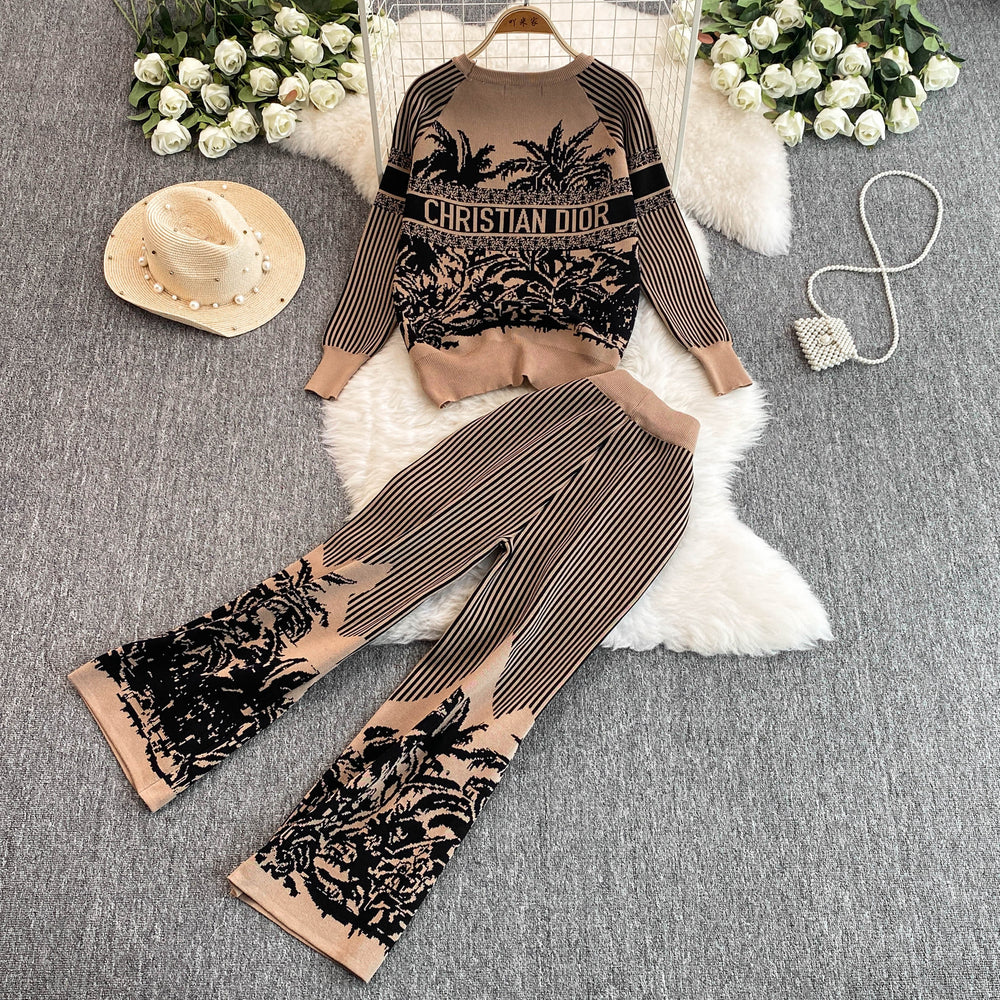 Autumn/winter new collection: artistic knitted print two-piece set for women - round neck top + high-waisted wide-leg pants