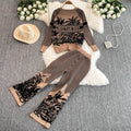 Autumn/winter new collection: artistic knitted print two-piece set for women - round neck top + high-waisted wide-leg pants