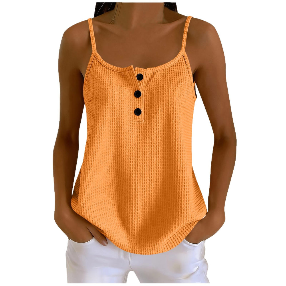european and american summer new arrival: solid color waffle knit patchwork cami top with adjustable straps, slimming design, and button closure