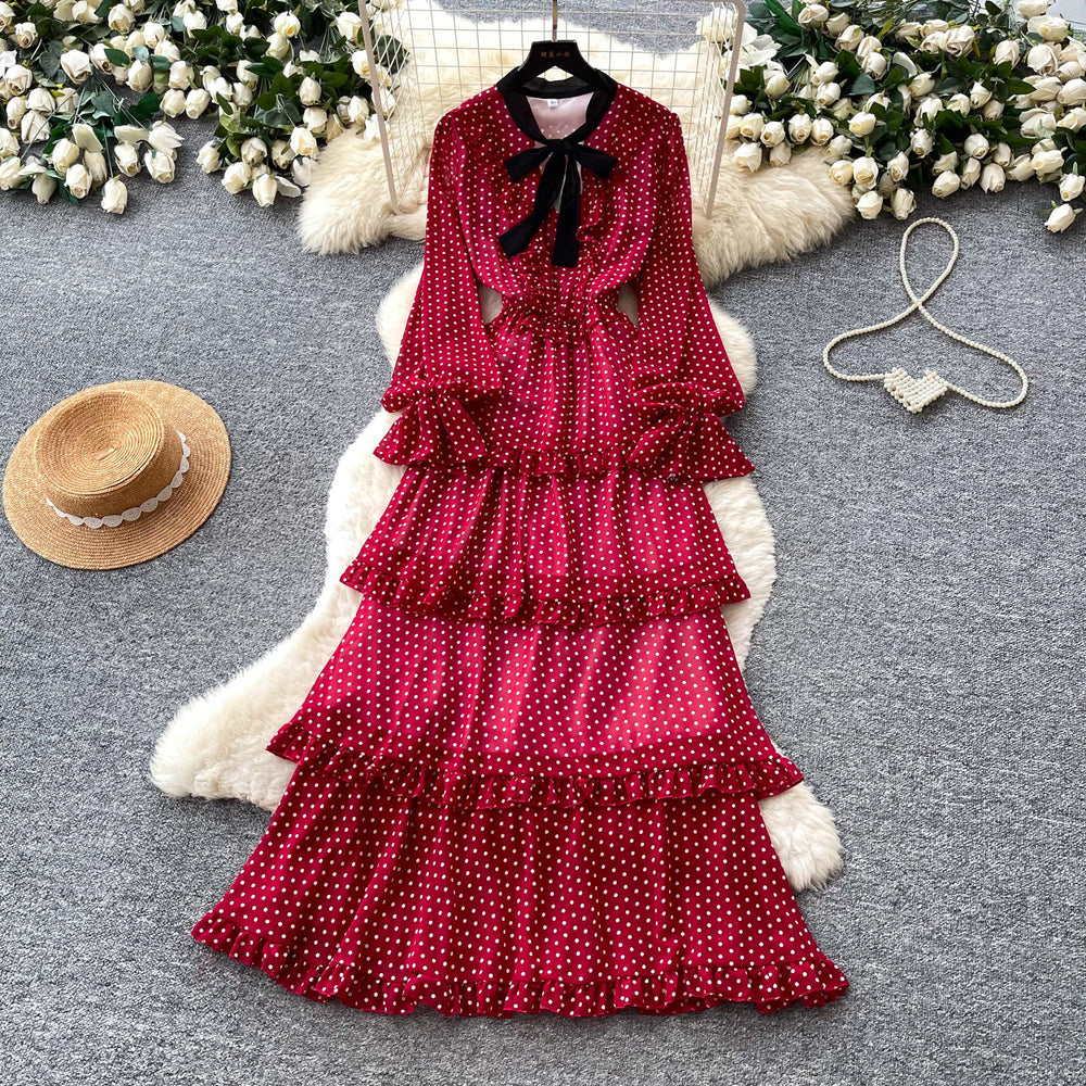 French sweet polka dot long sleeve tiered dress - women's autumn bow ruffle cake dress - unique designer style