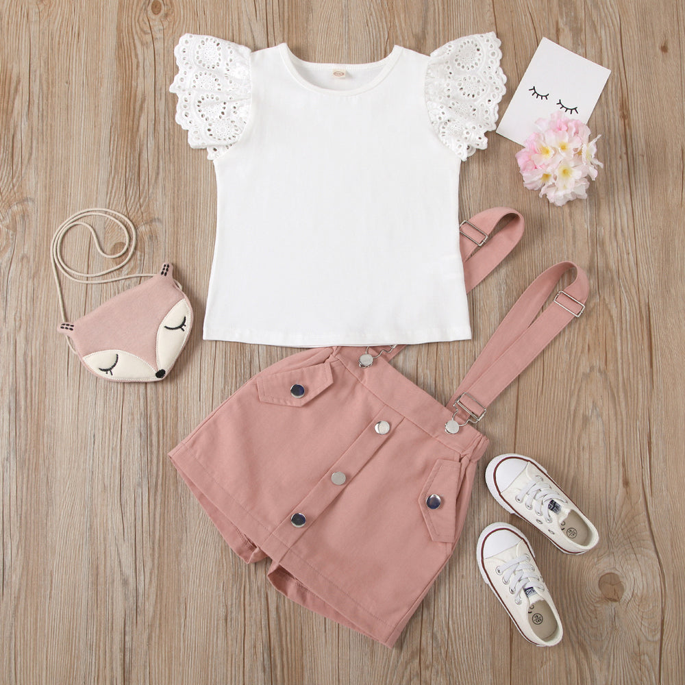 european and american cross-border new arrival: solid color hollow-out flutter sleeve crew neck top with detachable strap shorts skirt set