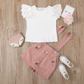 european and american cross-border new arrival: solid color hollow-out flutter sleeve crew neck top with detachable strap shorts skirt set