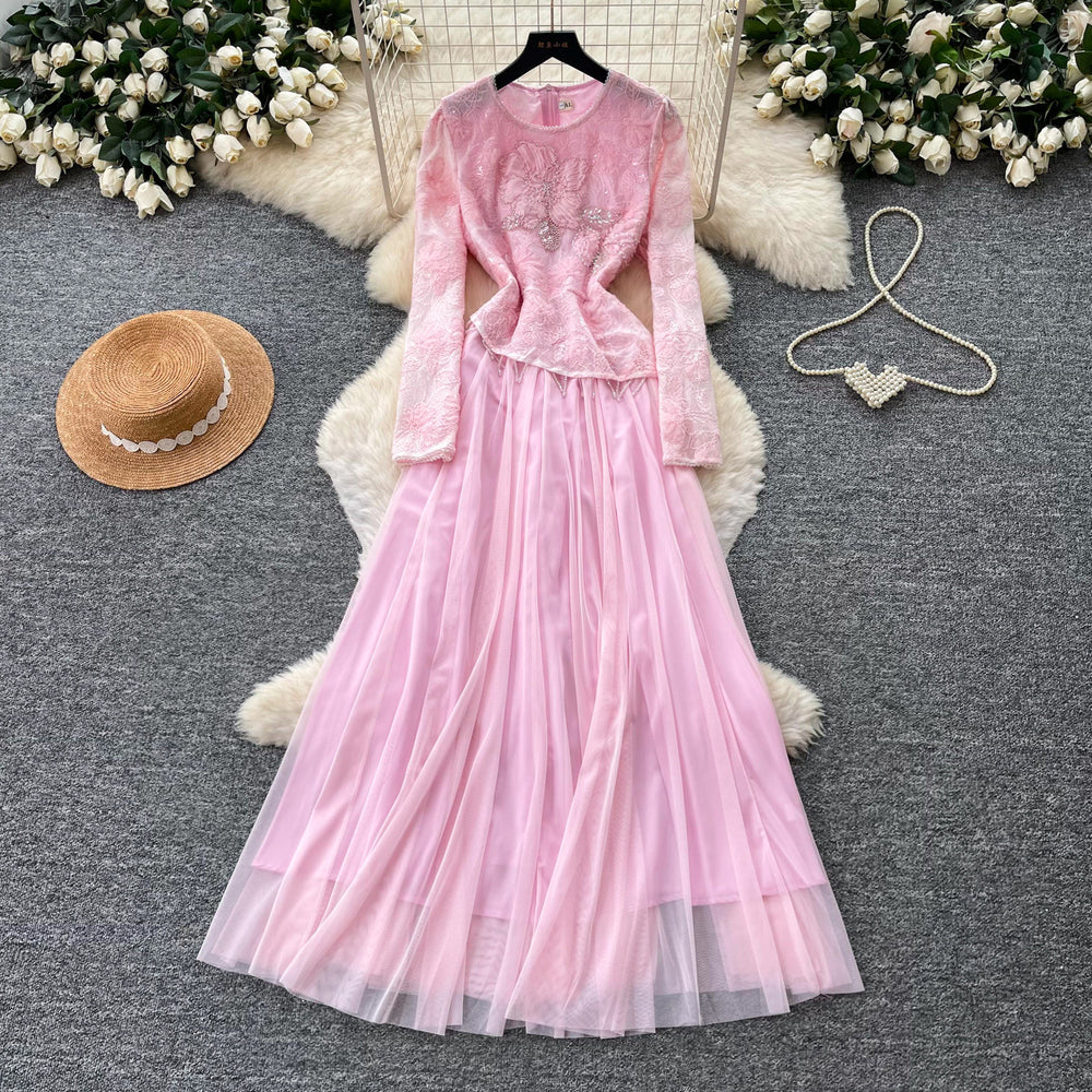 French chic long sleeve lace and mesh patchwork dress - high waist, slimming, elegant, and flowy maxi dress